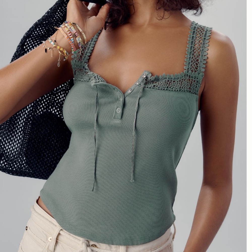 Anthropologie Crochet-Trim Tank Top Olive